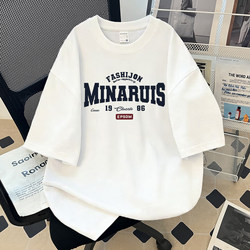 American-Style Trendy Brand Heavyweight Retro Letter Print Short-Sleeve T-Shirt, Unisex Loose-Fit Pure Cotton Casual Top, Couple's Outfit, Trendy