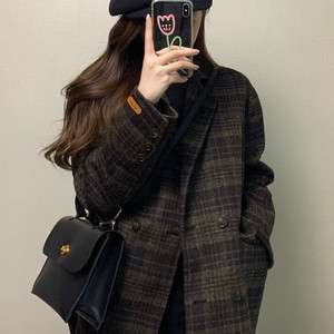 
Plaid short woolen coat women's autumn and winter Korean style large size fat MM200*0.5kg small thickened woolen coat