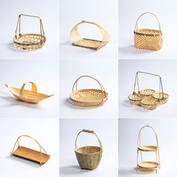 Bamboo Woven Small Basket with Round Handle, Tea Snack Fruit Basket, Pastry Tray, Creative Small Bamboo Basket, Multi-Layer Bamboo Woven Basket