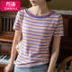 Big round neck T-shirt for women striped short-sleeved summer 2025 new French retro gentle style pink purple one-length top