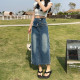 Summer new large size split denim skirt fat MM mid -length high -waist versatile A -line skirt shows thin bag hip skirt