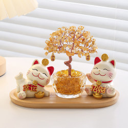 Yellow Crystal Fortune Tree and Lucky Cat Entrance Hall Decoration Home Decor Office Wealth-Attracting Housewarming Birthday Gift