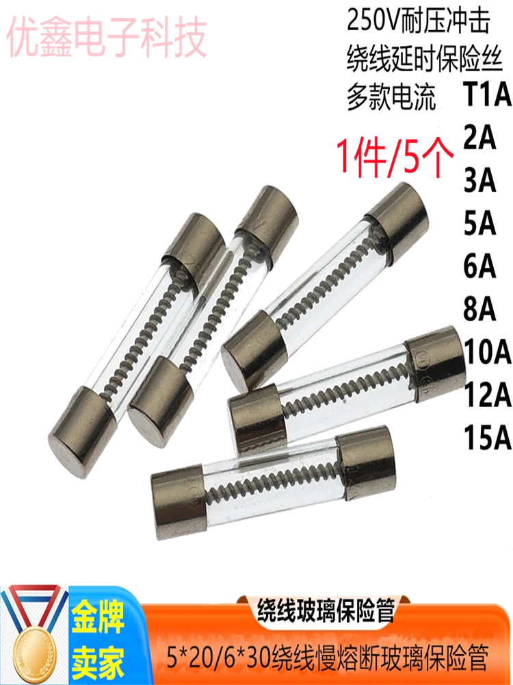 Ống cầu chì thủy tinh âm thanh thổi chậm 5*20/6X30mm T1AL/2A/3A/5A-10A250V