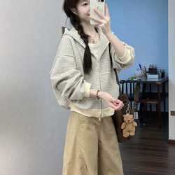Korean Style Lazy Striped Zip-Up Hooded Sweatshirt Jacket for Women 2026 New Autumn and Winter Versatile Slimming Cardigan Top