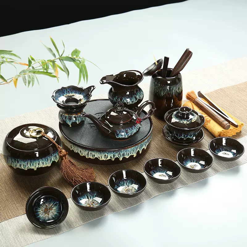 精品建盏窑变天目釉功夫茶具钧窑茶杯干泡密胺茶盘