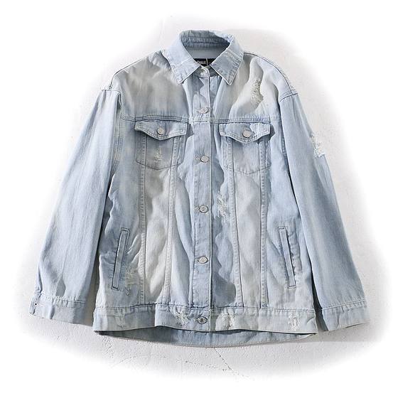 
Spring 2023 Single-breasted metal button casual windbreaker Women's large-size women's ripped old denim jacket B503