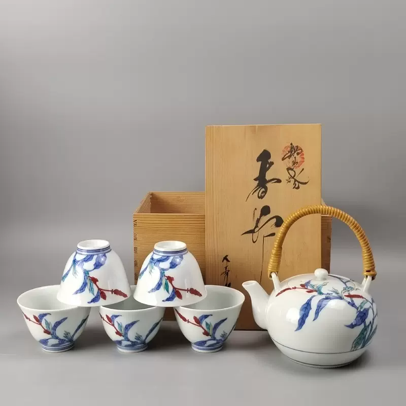 日本今泉今右卫门作锦花画提梁壶茶壶急须茶碗茶具一套。-Taobao