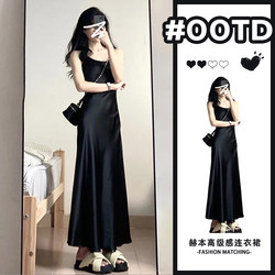 Beautiful Black Acetate Satin Slip Dress for Women, Summer 2026 New Style, Waist-Cinching, Slimming, Bodycon Long Dress