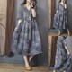 
Blue and white porcelain printed ramie mid-length dress for women, new summer short-sleeved V-neck loose waist-hugging temperament skirt