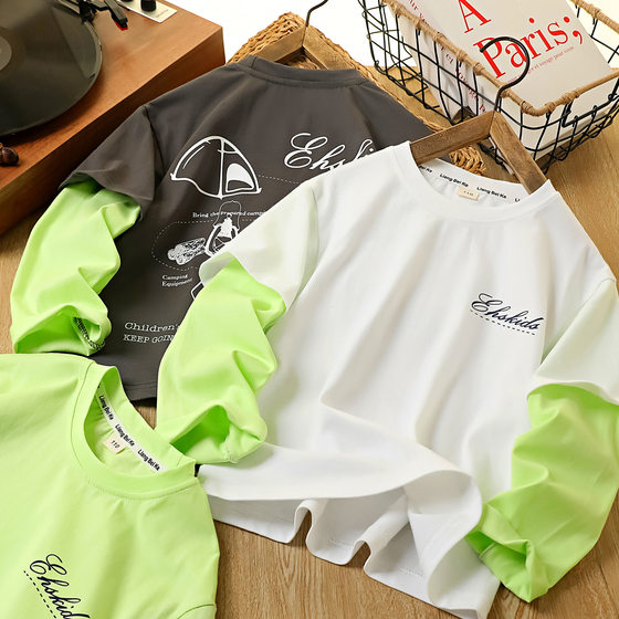 
100% cotton ~ Boys' fake two-piece T-shirt spring and autumn new children's round neck long-sleeved 110-170 medium and large children's loose T-shirt
