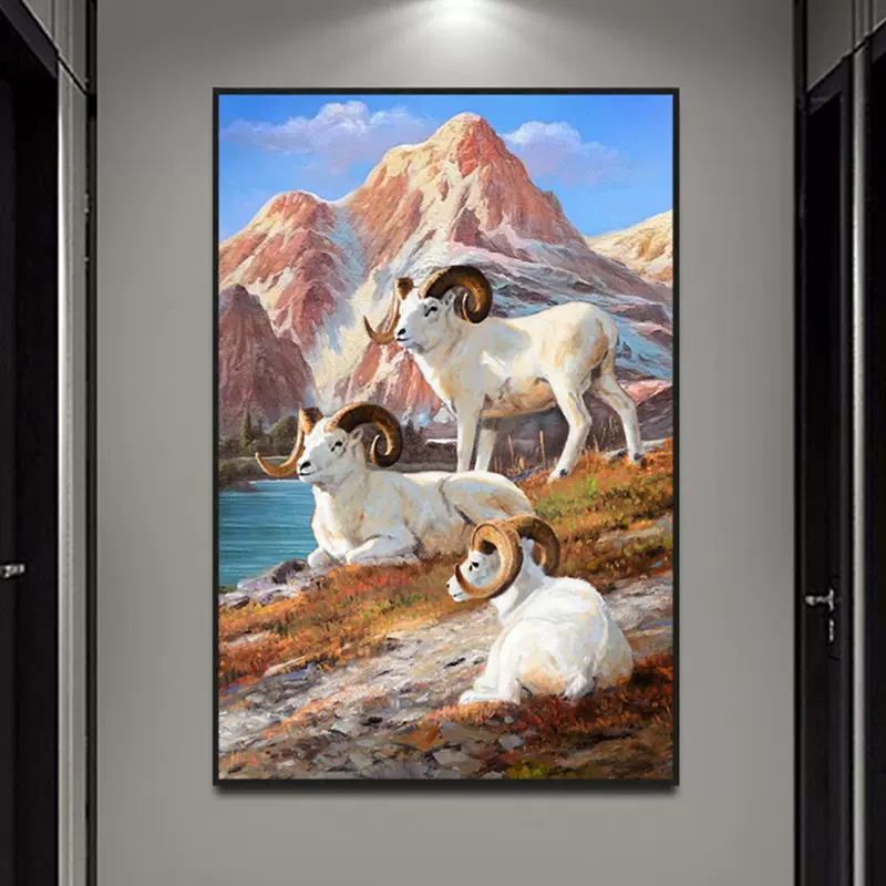 三羊开泰玄关画挂画正对门三阳开泰装饰画