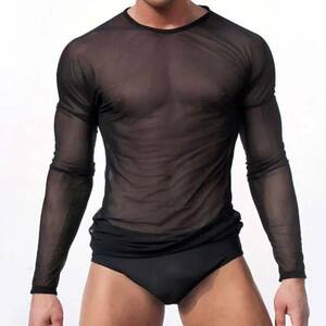 Sexy ultra -thin transparent mesh Men's long -sleeved T -shirt elastic tightness, cooling, breathable home sports, body -shaping pajamas
