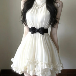 Syj/Shuyijia Retro Noble Style Lace Patchwork Halter Neck Dress for Women, Elegant Waist-Cinching Slimming A-Line Short Skirt