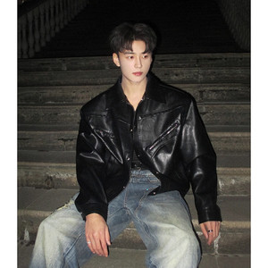 
Men's wear shoulder pad motorcycle leather jacket men's spring and autumn cleanfit high-end and handsome short structural jacket