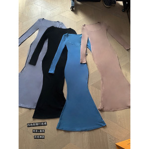 
Xia Yuan's original base skirt, solid color, sexy, slim, high waist, square neck, pure lust style, long-sleeved butt-covering dress