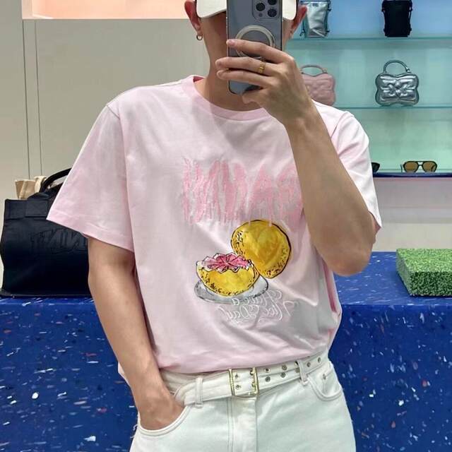 Age-reducing cat print pattern pink pomegranate round neck pure cotton short-sleeved T-shirt for women 2025 new letter top