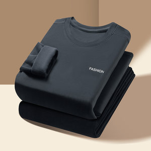 Winter German velvet thermal underwear for men, autumn clothes and long trousers suit, brushed round neck, young and middle-aged bottoming shirt, men's style