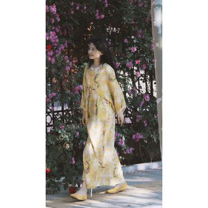 
YIMIAN Plantagenet ethnic style oriental aesthetic printed ramie loose drawstring dress 290892