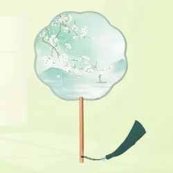Qianli Jiangshan Tu Tuanfan Ancient Style Fan Han Dynasty Only This Green Internet Celebrity Cheongsam Round Fan Long Handled Children's Dance Fan
