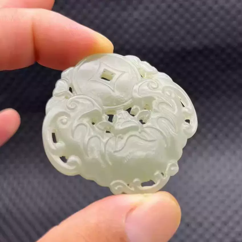 和田白玉 砡 「如意紋手牌」 中国 古玩 唐物 吉祥 透かし彫 縁起物 佩