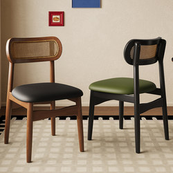 French-Style Vintage Solid Wood Dining Table and Chairs, Backrest Dining Chair, Mid-Century Leisure Home Hotel Rattan Chair, Trendy Stool