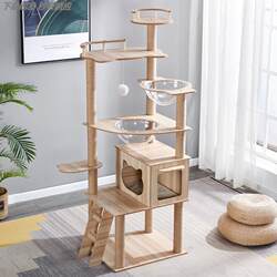 Solid Wood Cat House and Cat Tree Combo with Vertical Pole, Large and Small Space Capsules, Cat Climbing Frame for Large Cats, Suitable for Home Use