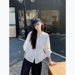 2026 Spring New French Style Design High-End Versatile Polo Collar Puff Sleeve Waist-Cinching Shirt Top for Women Trendy