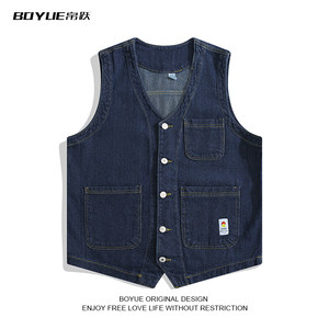 
BOYUE Japanese retro denim vest wash casual student workwear fashion trendy vest jacket men and women