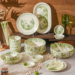 Huadian Lily of the Valley Ceramic Tableware Set, High-Quality New Design for Home Use, Includes Rice Bowls, Noodle Bowls, Soup Bowls, and Plate Set
