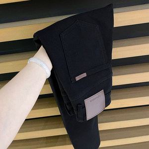 
High-end four-sided elastic/Laiser nine-point jeans/Men's Korean style leather label decorative pure black slim-fitting pants