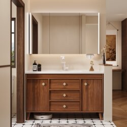 Medieval-Style Walnut-Colored Solid Wood Smart Floor-Standing Bathroom Cabinet with Integrated Ceramic Basin for Washing Hands and Face