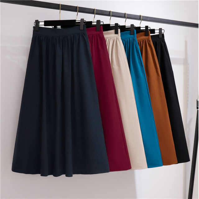 New spring and summer slim A-line large swing mid-length umbrella skirt with pocket elastic waist pleated mid-length skirt