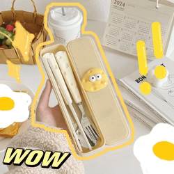 Three-Piece Set of Chopsticks, Spoon, and Fork, Cute Stainless Steel Portable Tableware Set for Adults, Students, and Office Workers, Suitable for Outdoor Use