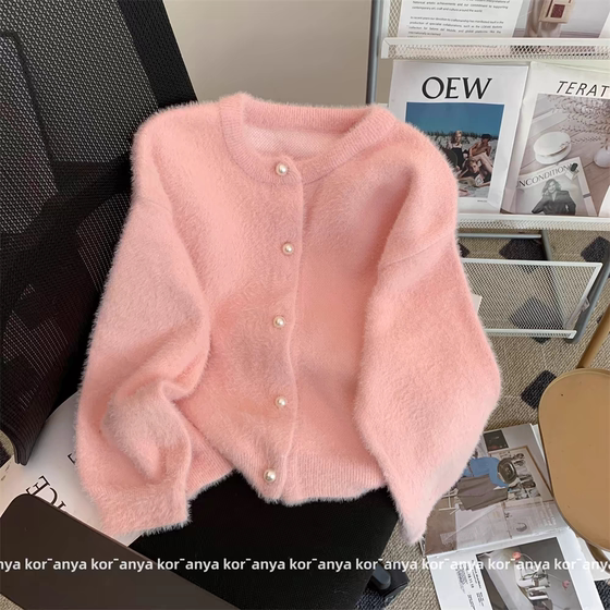 
Short pearl button pink imitation mink sweater jacket for women in autumn and winter, gentle and lazy soft waxy knitted cardigan top