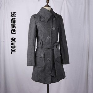 Foreign trade clearance discount Women's spring, autumn and winter black gray wool slim leisure mid -length woolen coat jacket
