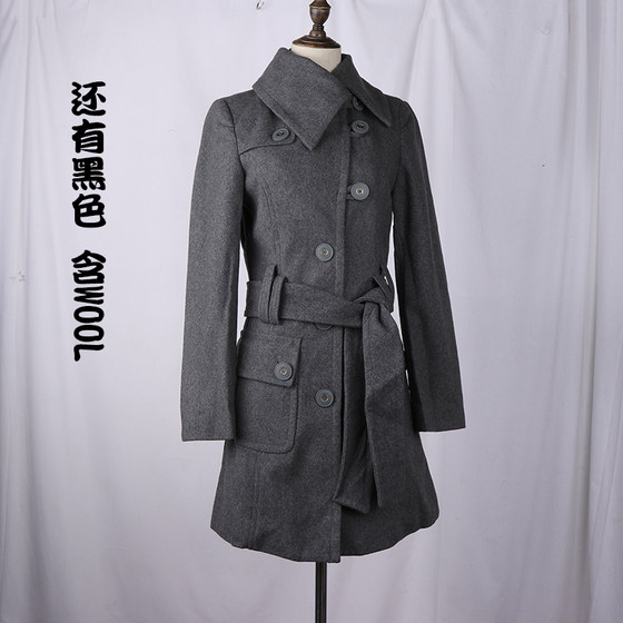 Foreign trade clearance discount Women's spring, autumn and winter black gray wool slim leisure mid -length woolen coat jacket
