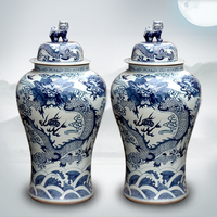 Jingdezhen Porcelain Pottery - Handmade Imitation - Classical Chinese Dragon Blue And White - Teng Four Seas Extra Large General Jar Ornament