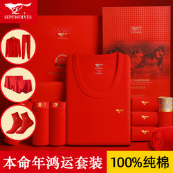 Septwolves Zodiac Year Thermal Underwear Set for Men, Pure Cotton, 2026 Year of the Horse Clothing, Red Thermal Tops and Bottoms for Women