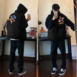 
American fashion brand niche printed vest jacket for men and women in autumn and winter casual couple standing collar vest sleeveless cotton clothing