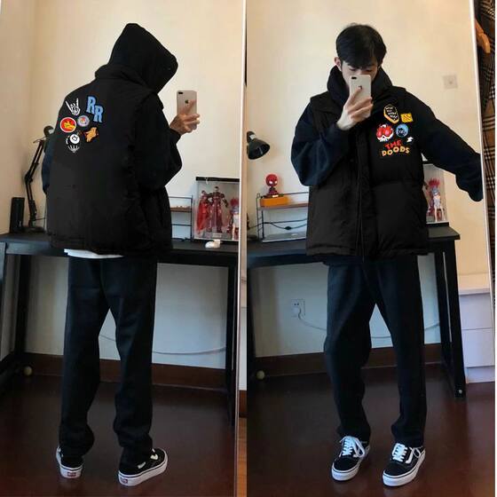 
American fashion brand niche printed vest jacket for men and women in autumn and winter casual couple standing collar vest sleeveless cotton clothing