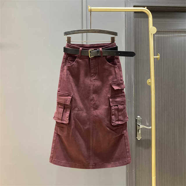 Burgundy pocket work skirt for women 2025 spring mid-length high waist cover hips and make them look slimming A-line one-step skirt ins
