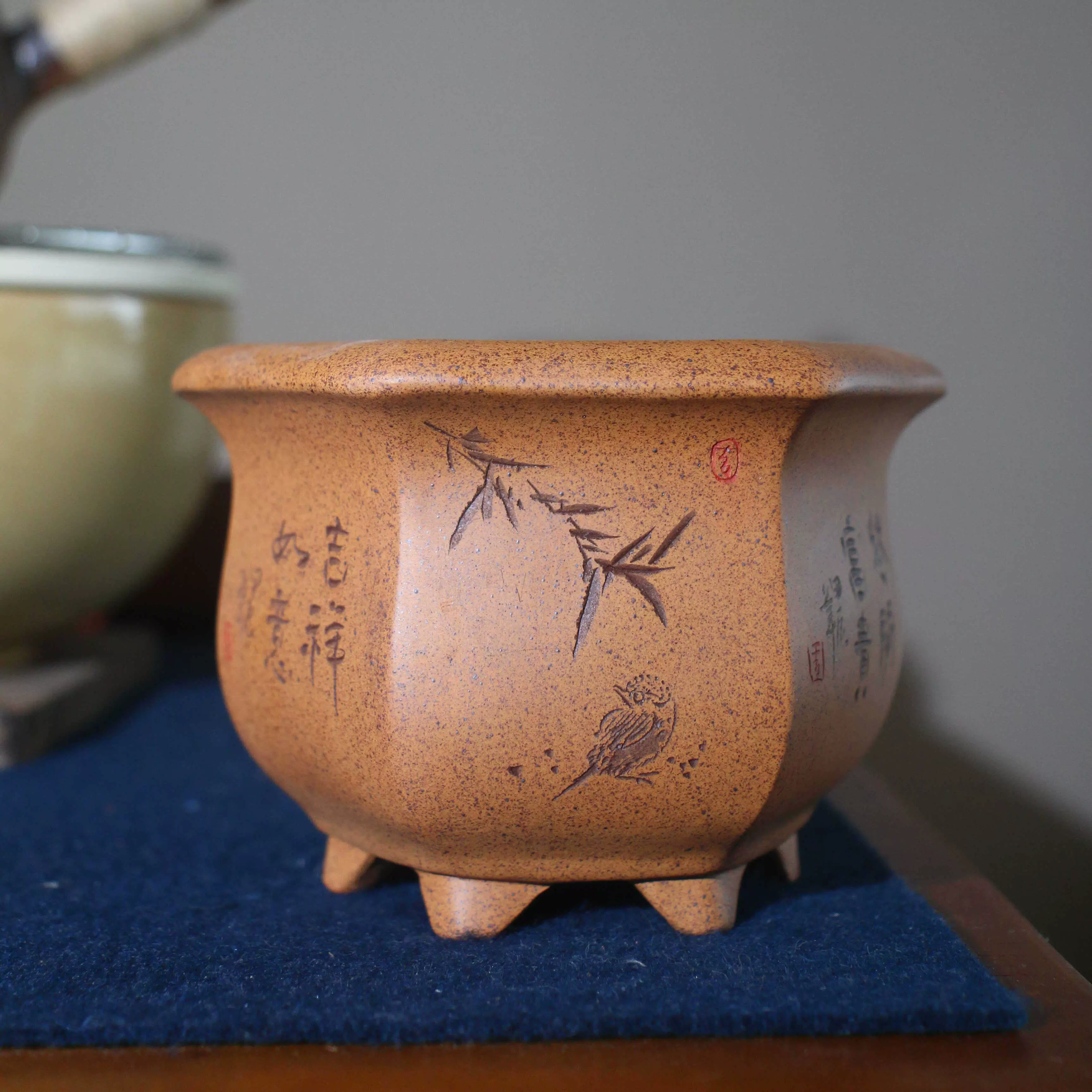 六方形苏兵款手工紫砂花盆古典柴烧刻绘绿植盆六角形名家盆