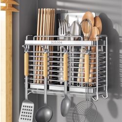 304 Stainless Steel Chopstick Holder Wall-Mounted No-Drill Chopstick Cage Storage Box Chopstick Rack Basket Ventilated and Water-Draining