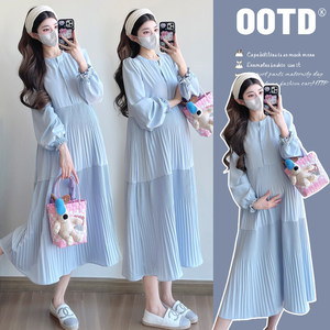 
Maternity dress spring clothes long sleeve pleated shirt dress loose large size casual skirt spring simple maternity dress spring