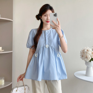 
Maternity wear summer three-dimensional flower short-sleeved top loose large size casual babydoll summer pregnancy clothes trendy mom