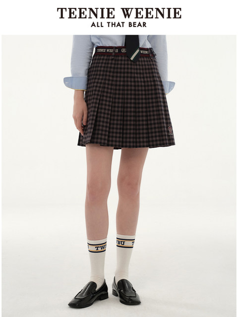 TeenieWeenie Bear Women's Casual Plaid Pleated Short Skirt A-line High Waist Fashion College Commuter Skirt