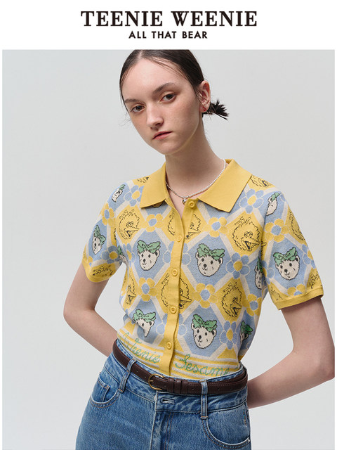 TeenieWeenie Bear/Sesame Street Joint Women's Full Print Knitted Short-Sleeve Lapel Cardigan
