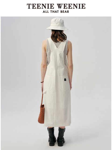 TeenieWeenie Bear White Dress 2025 Summer New Age Reducing College Style Strap Skirt Mid-length Skirt