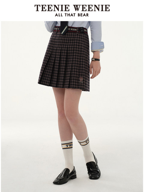 TeenieWeenie Bear Women's Casual Plaid Pleated Short Skirt A-line High Waist Fashion College Commuter Skirt