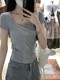 Korean hot girl with small square collar clavicle slim short sleeve T-shirt for women with wrinkled waist short top shoulder shirt